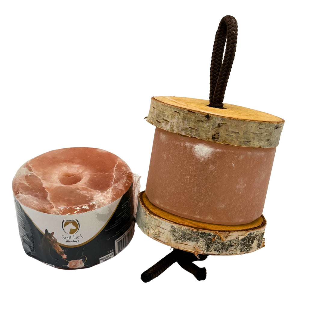 Himalaya-Leckstein Set: Halterung aus Birkenholz und 2 Himalaya Salzlecksteinen