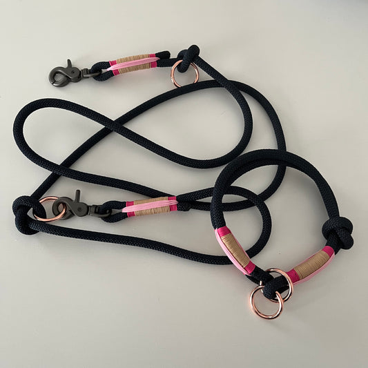 Wunderschönes Set Retriever Halsband und Leine, tiefseeblau,  Muster pink, rosa, sand Gr.S Einzelstück
