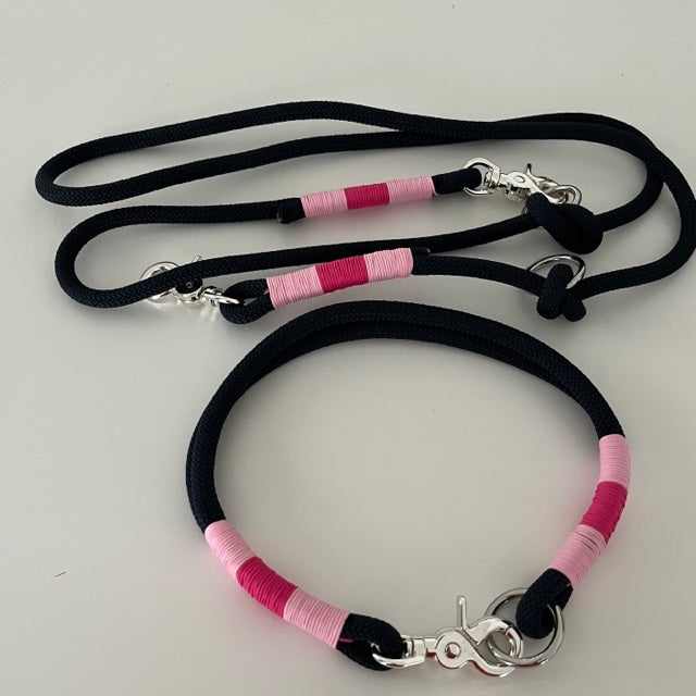 Wunderschönes Set Halsband und Leine, tiefseeblau, rosa, pink, Halsumfang 57cm, Einzelstück