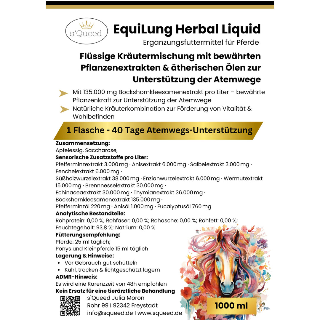 Vorteilspaket 3 × EquiLung Herbal Liquid – Flüssiges Ergänzungsfuttermittel für Pferde bei beanspruchten Atemwegen