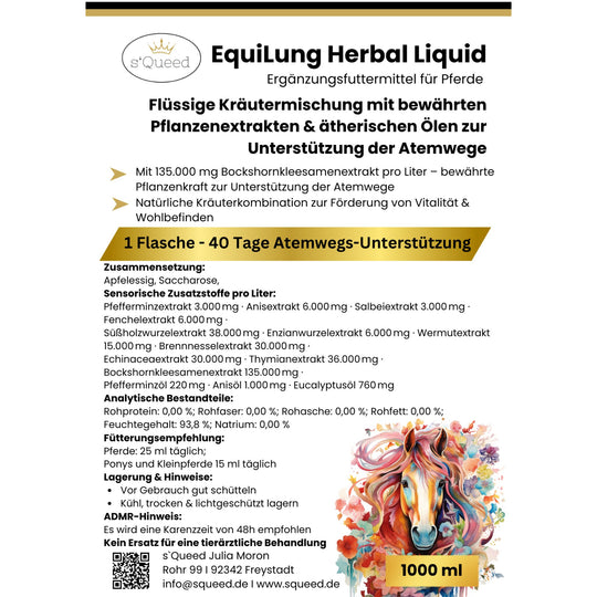 Vorteilspaket 3 × EquiLung Herbal Liquid – Flüssiges Ergänzungsfuttermittel für Pferde bei beanspruchten Atemwegen