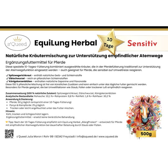 EquiLung Herbal „Sensitiv“ – Hustenkräuter für Pferde zur Unterstützung empfindlicher Atemwege (10 Tage Fütterung)