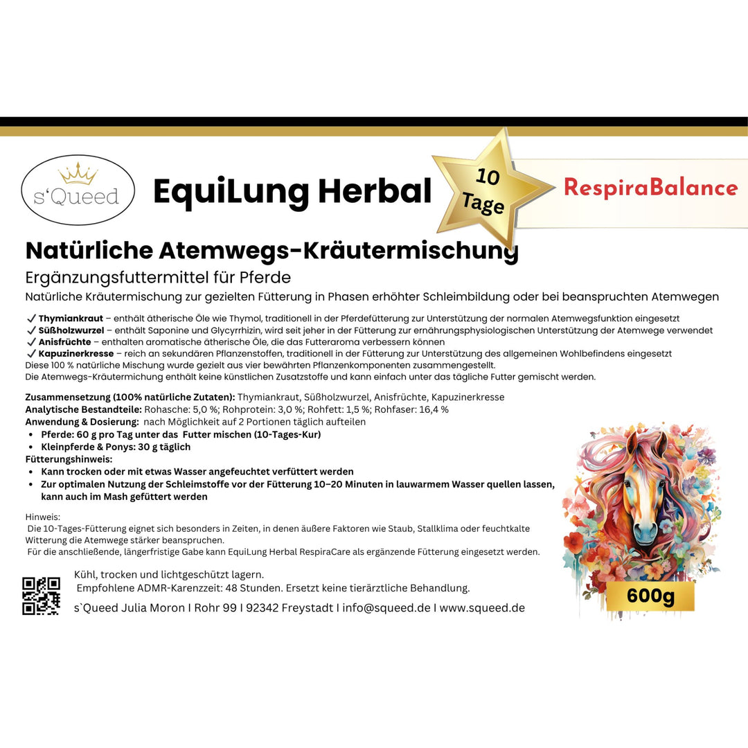 EquiLung Herbal RespiraBalance – Kräutermischung für Pferde in Phasen erhöhter Schleimbildung oder bei beanspruchten Atemwegen