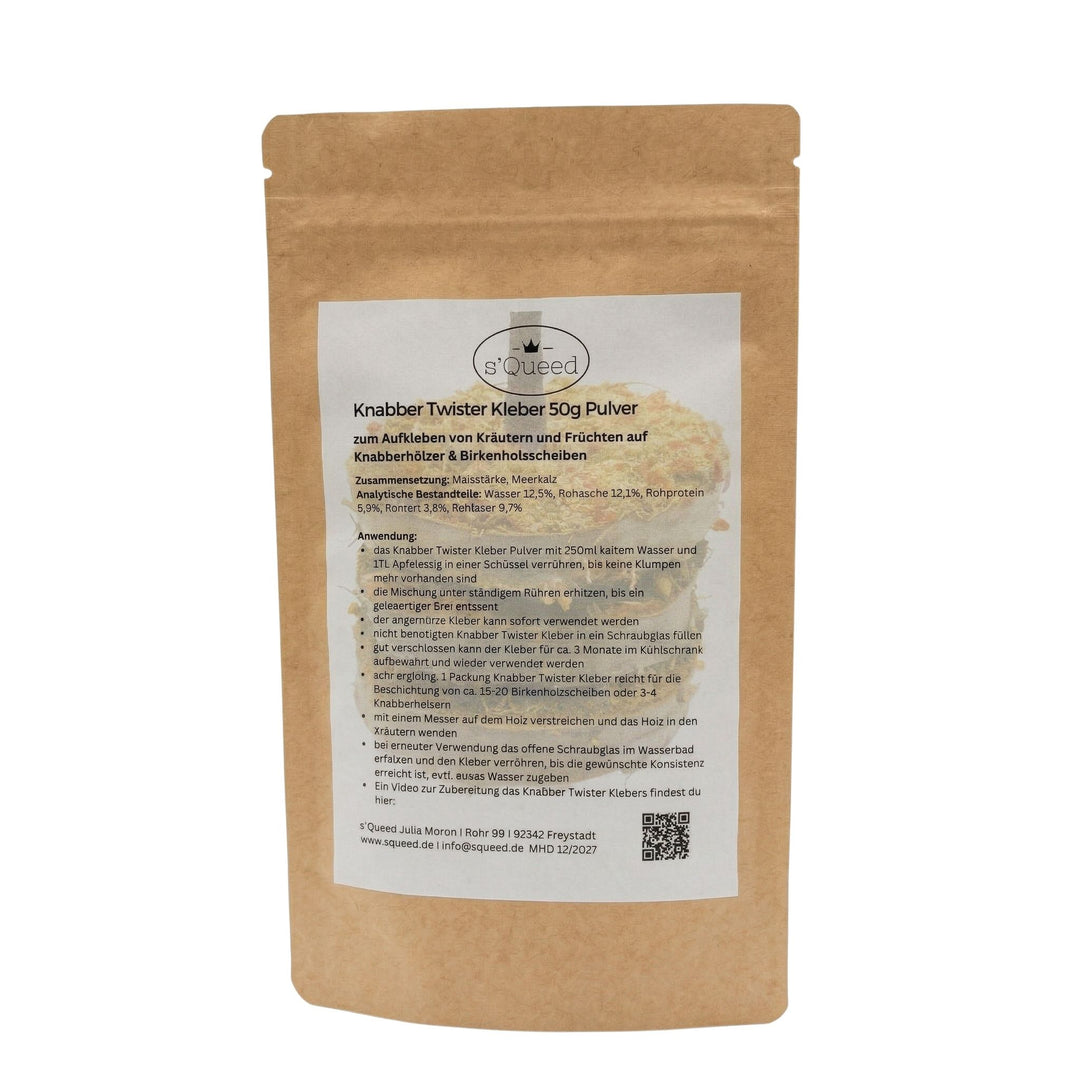 Knabber Twister Kleber 50g zur Beschichtung von Knabber Twister Holzscheiben und Birkenhölzern