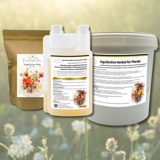 EquiActive MSM & Glucosamin 1000ml + EquiActive Herbal 1kg+ 500g Hagebutten für Pferde Set für den Bewegungsapparat