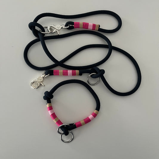 Wunderschönes Set Retriever Halsband und Leine, tiefseeblau, pink, rosa, sand Gr.S Einzelstück