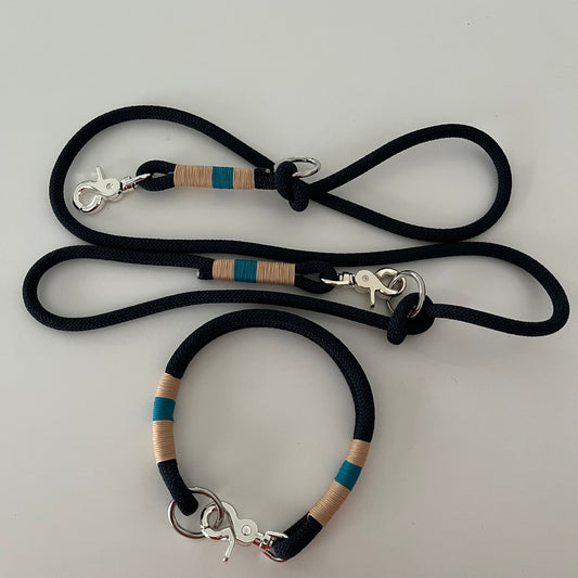 Wunderschönes Set Halsband und Leine, tiefseeblau, aqua, sand, Halsumfang 45 cm, Einzelstück