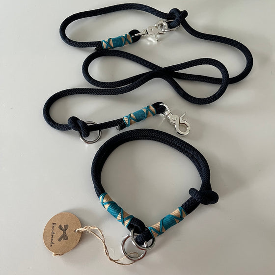 Wunderschönes Set Retriever Halsband und Leine, tiefseeblau, aqua, sand Gr.M Einzelstück