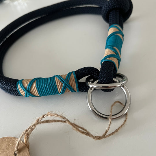 Wunderschönes Set Retriever Halsband und Leine, tiefseeblau, aqua, sand Gr.M Einzelstück