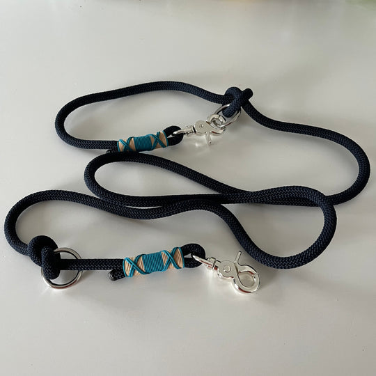 Wunderschönes Set Retriever Halsband und Leine, tiefseeblau, aqua, sand Gr.M Einzelstück
