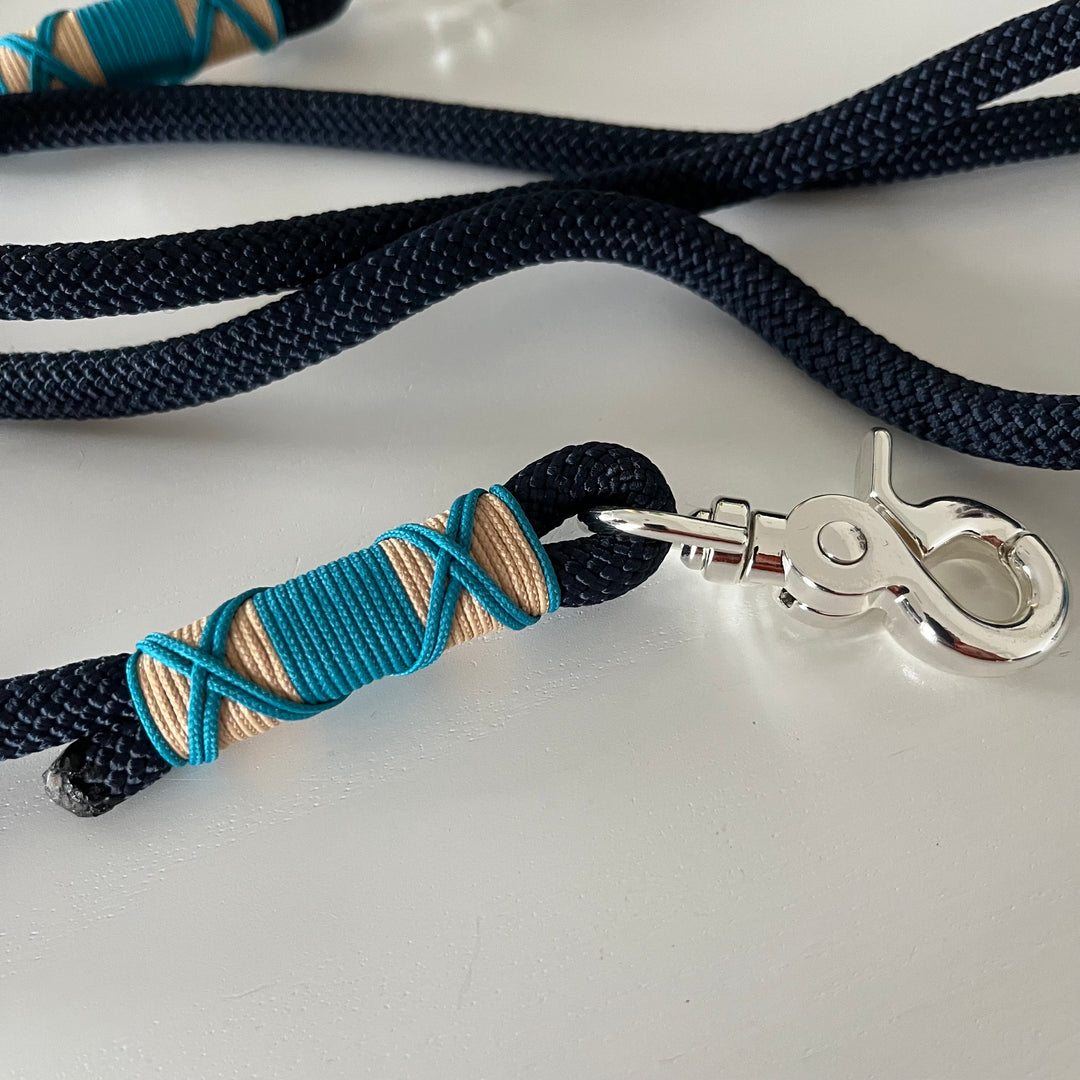 Wunderschönes Set Retriever Halsband und Leine, tiefseeblau, aqua, sand Gr.M Einzelstück