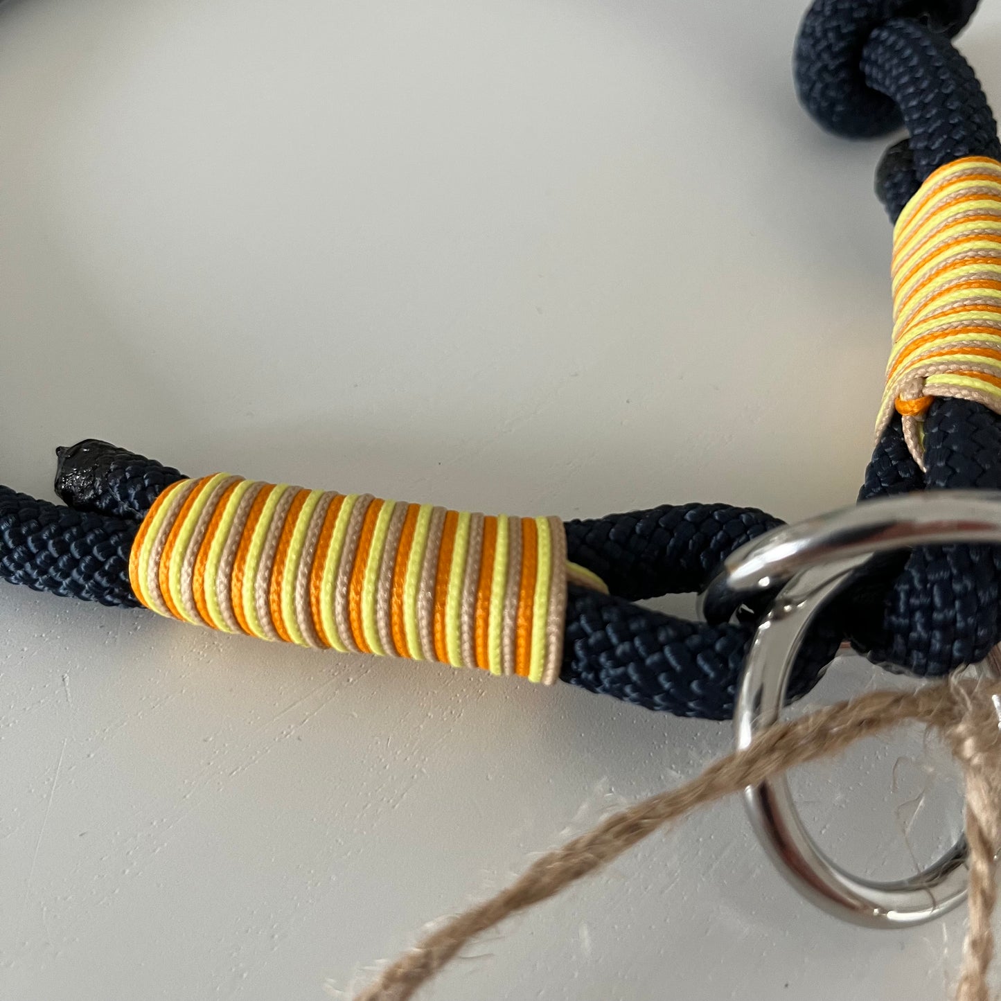 Retrieverhalsband mit Zugstop, tiefseeblau, gelb, orange, sand, Halsumfang bis 41 cm, Kopfumfang bis 50cm, Größe verstellbar, Einzelstück