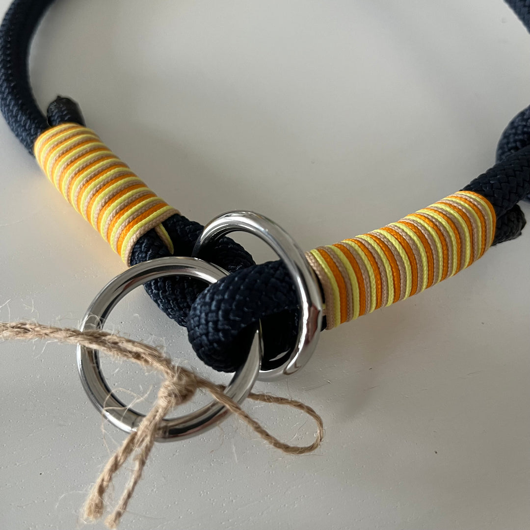 Retrieverhalsband mit Zugstop, tiefseeblau, gelb, orange, sand, Halsumfang bis 41 cm, Kopfumfang bis 50cm, Größe verstellbar, Einzelstück