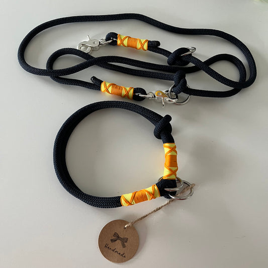 Wunderschönes Set Retriever Halsband und Leine, tiefseeblau, gelb, orange Gr.M Einzelstück