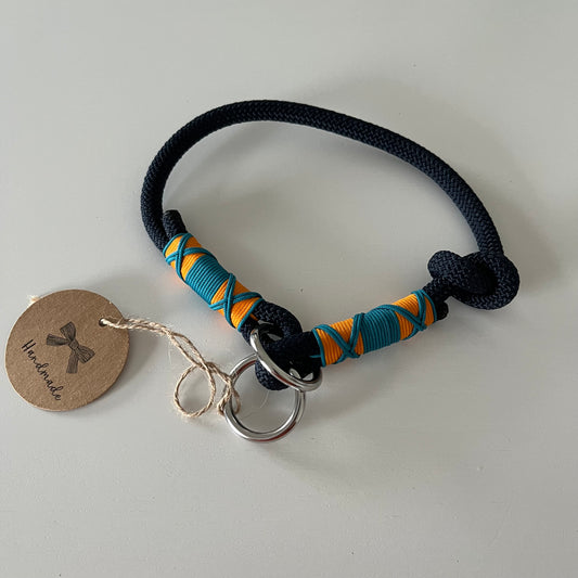 Retrieverhalsband mit Zugstop, tiefseeblau, aqua und orange, Größe M, verstellbar, Einzelstück