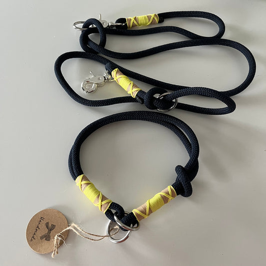 Wunderschönes Set Retriever Halsband und Leine, tiefseeblau, gelb, sand Gr.M Einzelstück