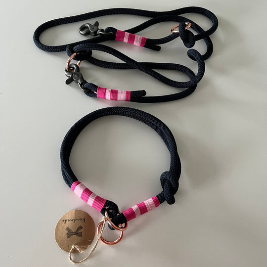 Wunderschönes Set Retriever Halsband und Leine, tiefseeblau, rosa, pink Gr.M Einzelstück