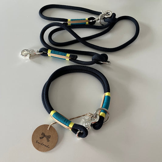 Wunderschönes Set Halsband und Leine, tiefseeblau, aqua, sand, gelb, Halsumfang 52 cm, Einzelstück