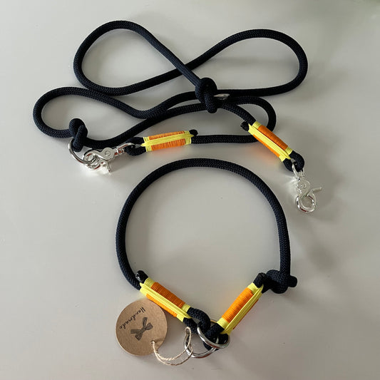 Wunderschönes Set Retriever Halsband und Leine, tiefseeblau,  Muster gelb, orange Gr.L Einzelstück