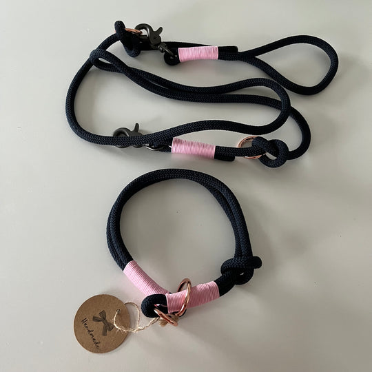 Wunderschönes Set Retriever Halsband und Leine, tiefseeblau, rosa, Gr.S Einzelstück