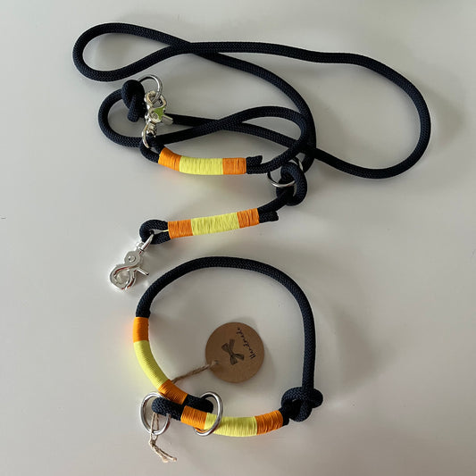 Wunderschönes Set Retriever Halsband und Leine, tiefseeblau, gelb, orange Gr.M Einzelstück