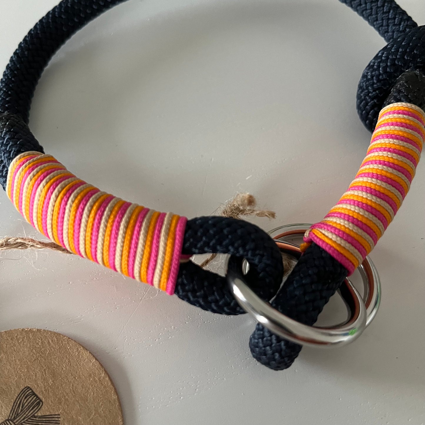 Retrieverhalsband mit Zugstop, tiefseeblau, orange, pink und sand, Größe XS, verstellbar, Einzelstück