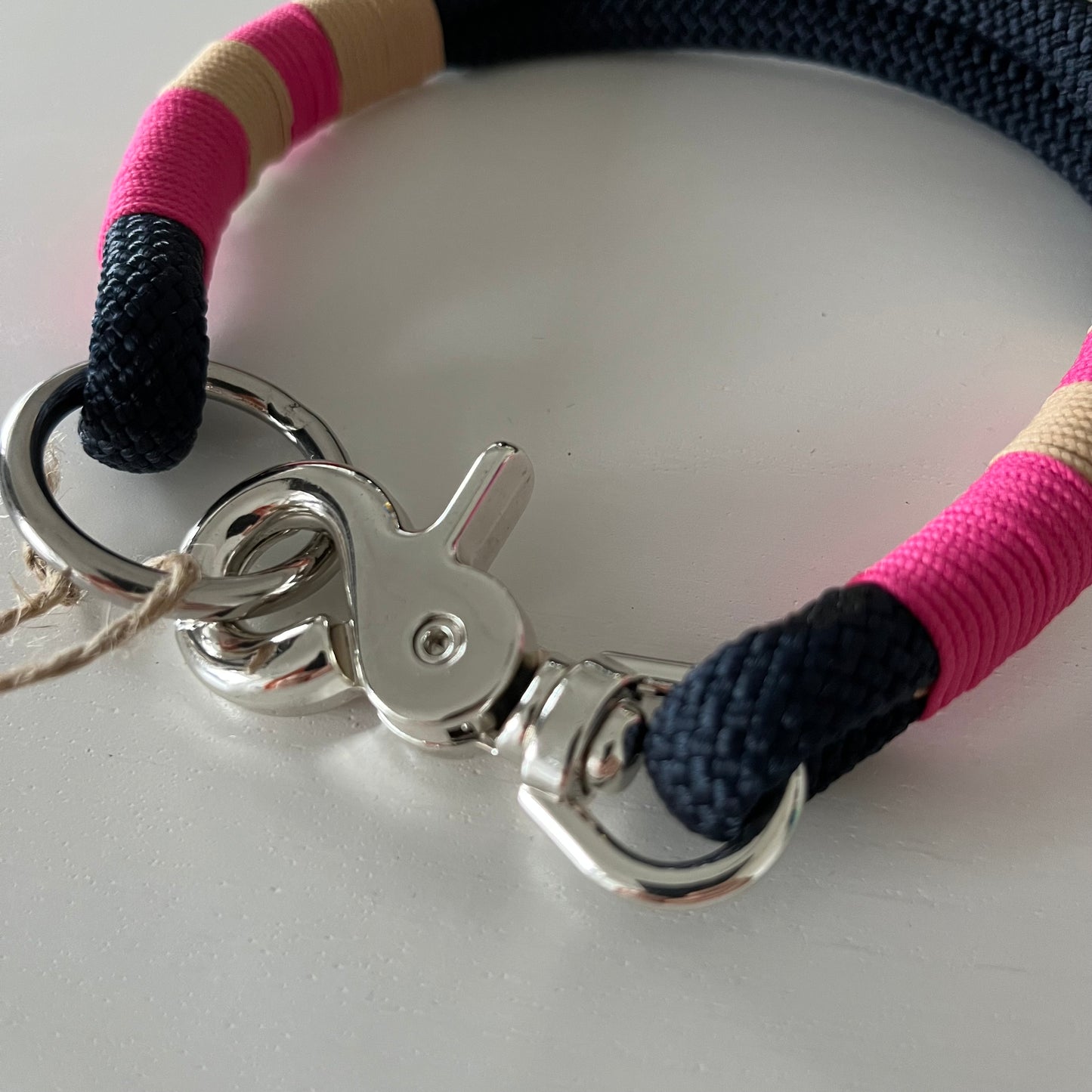 Wunderschönes Set Halsband und Leine, tiefseeblau, sand, pink, Halsumfang 37 cm, Einzelstück