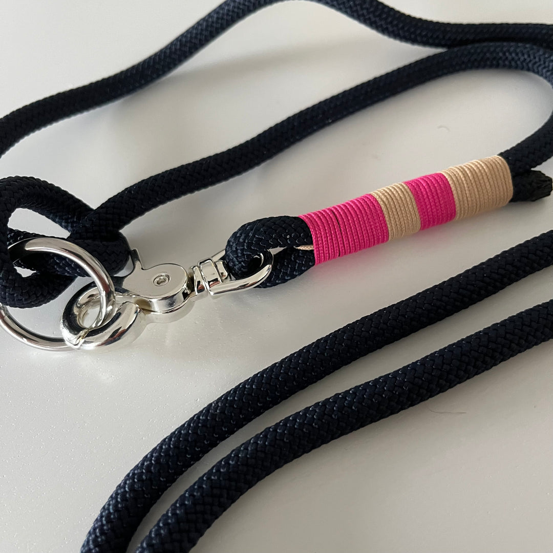 Wunderschönes Set Halsband und Leine, tiefseeblau, sand, pink, Halsumfang 37 cm, Einzelstück