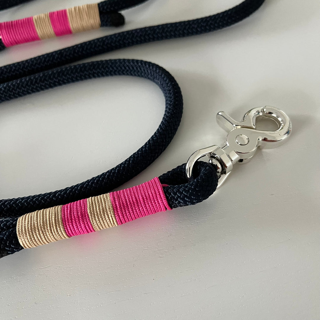 Wunderschönes Set Halsband und Leine, tiefseeblau, sand, pink, Halsumfang 37 cm, Einzelstück
